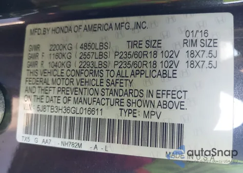 2016 Acura Rdx Acurawatch Plus Pkg z USA, uszkodzony, nr VIN 5J8TB3H36GL016611